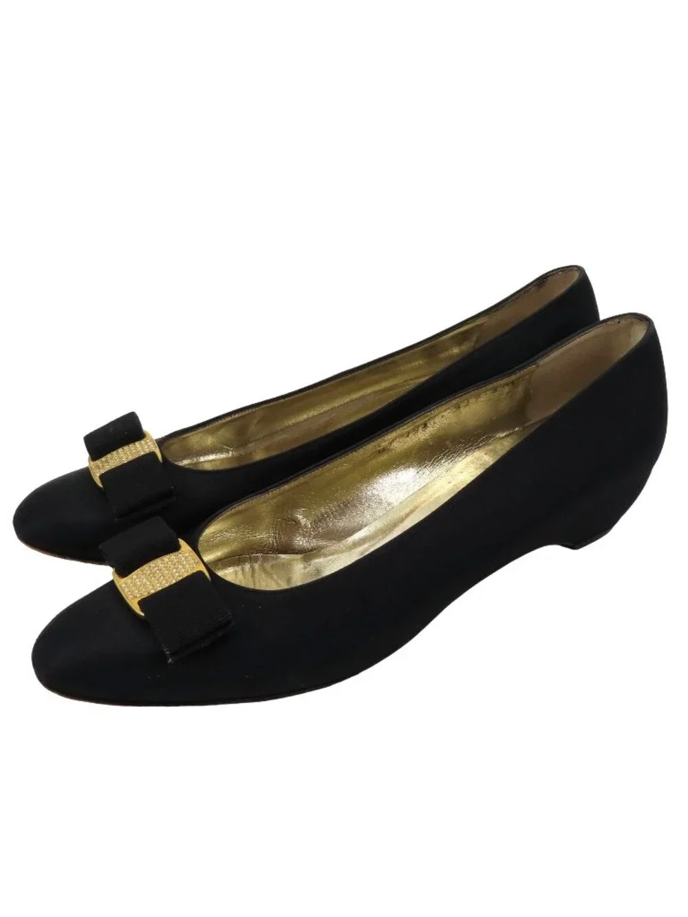 Salvatore Ferragamo Womens 8 AA Vara Gold Rhinestone Black Satin Bow Heels Shoes